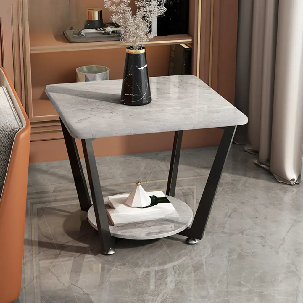Gray Square Marble Top Modern End Table with Storage