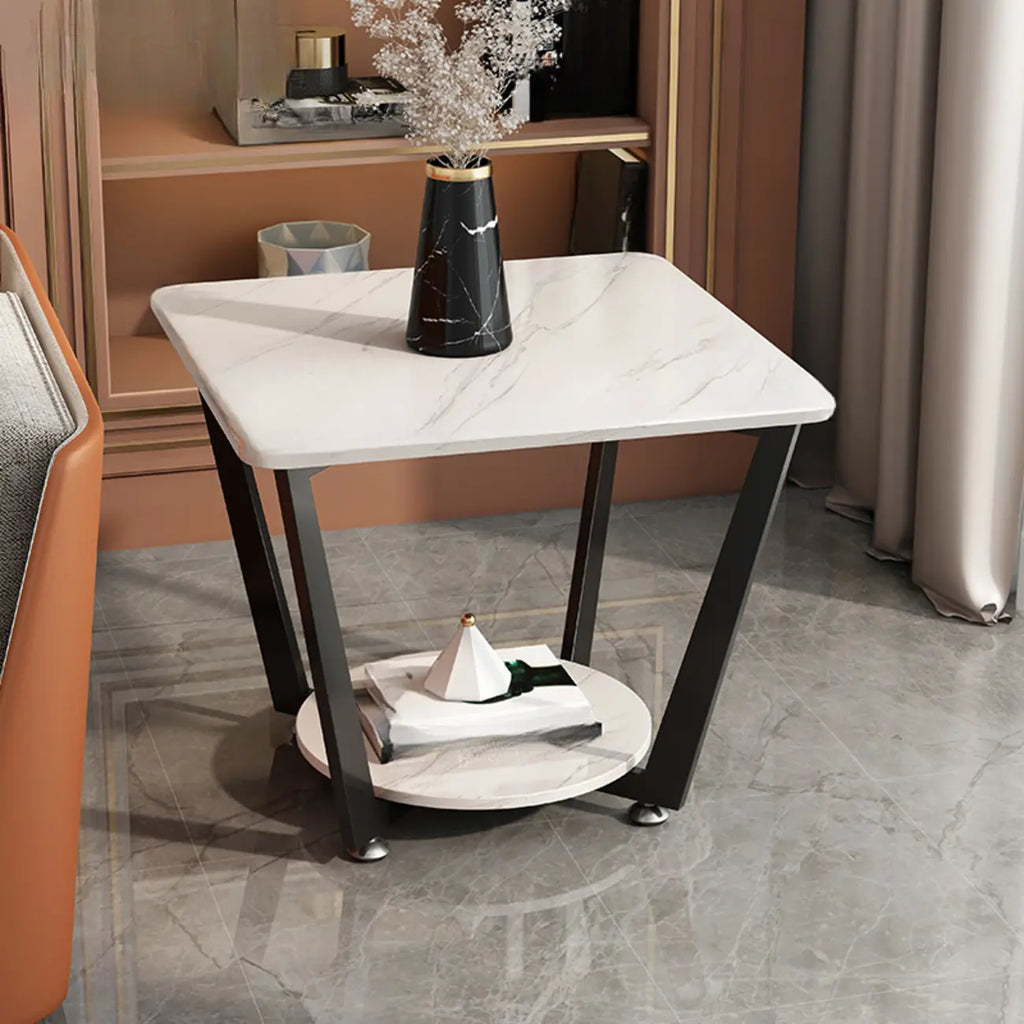 Gray Square Marble Top Modern End Table with Storage