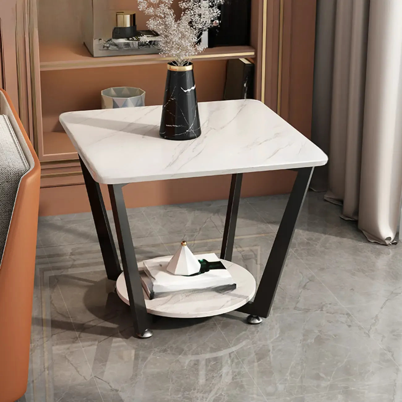 Gray Square Marble Top Modern End Table with Storage