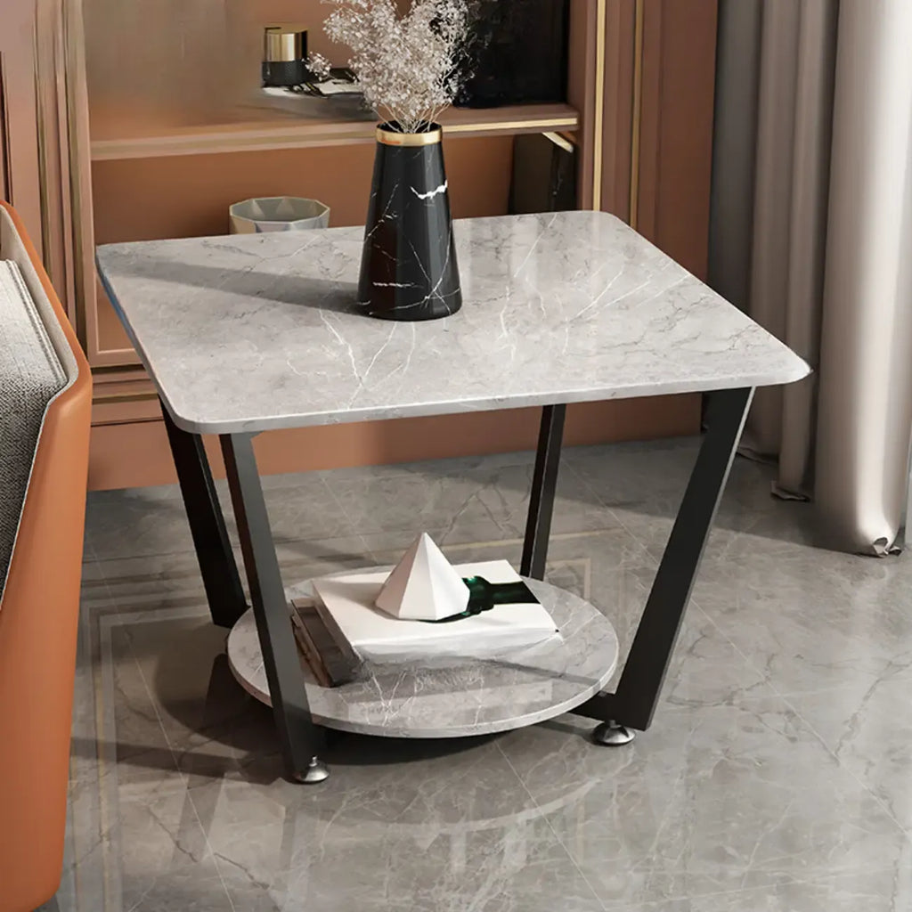 Gray Square Marble Top Modern End Table with Storage