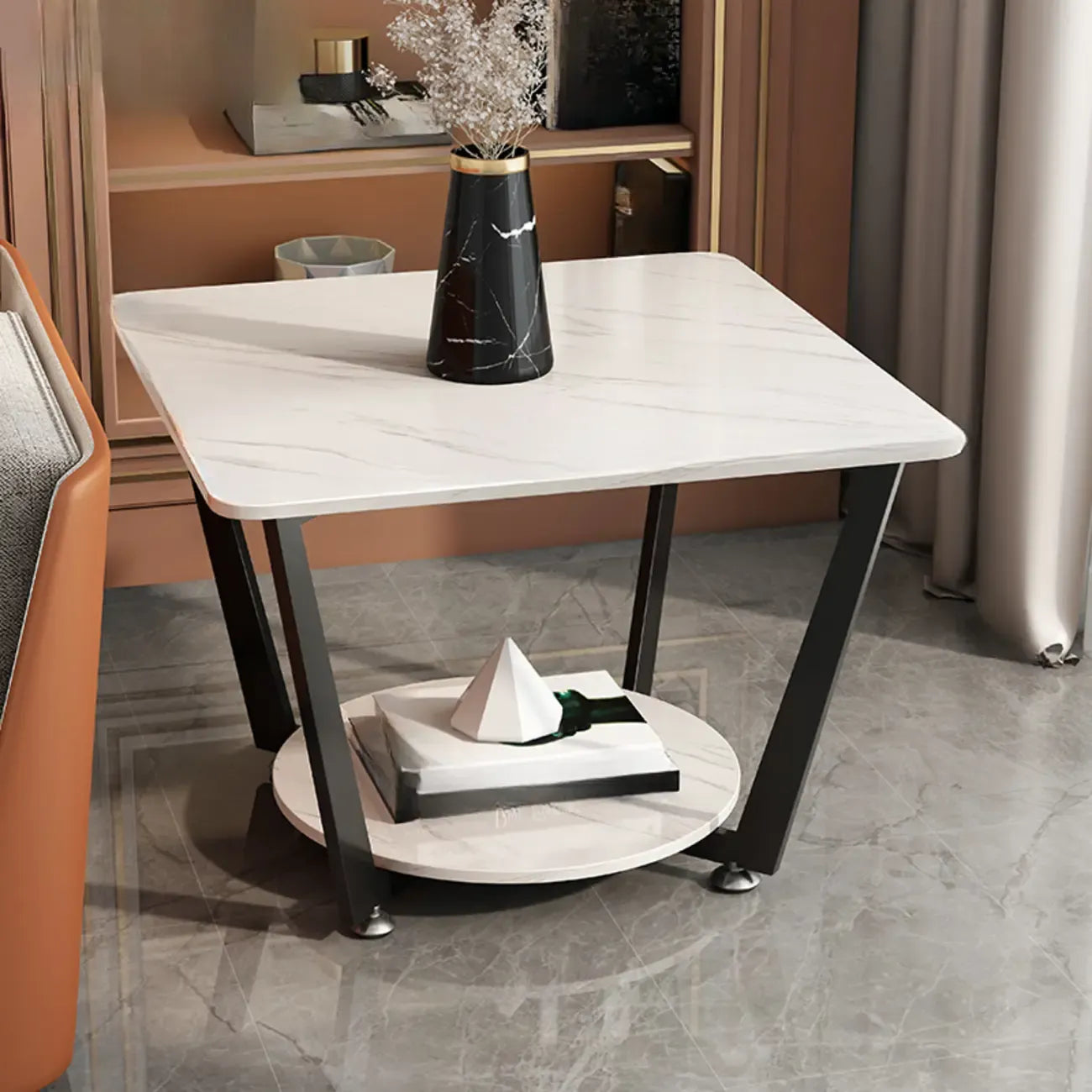 Gray Square Marble Top Modern End Table with Storage