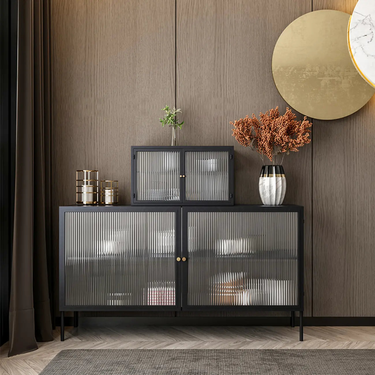 Black Metal Wall-Mounted Kitchen China Cabinet