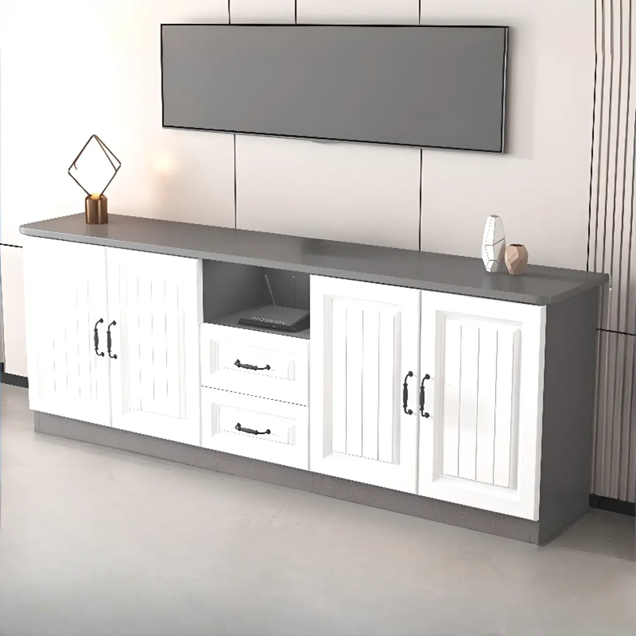 Rectangle Grey Wooden TV Stand with Storage for Living Room