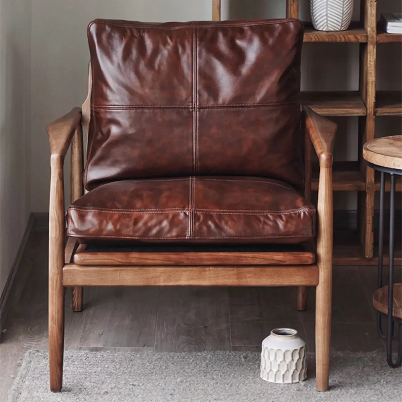 Leather Armchair with Wooden Armrest for Living Room