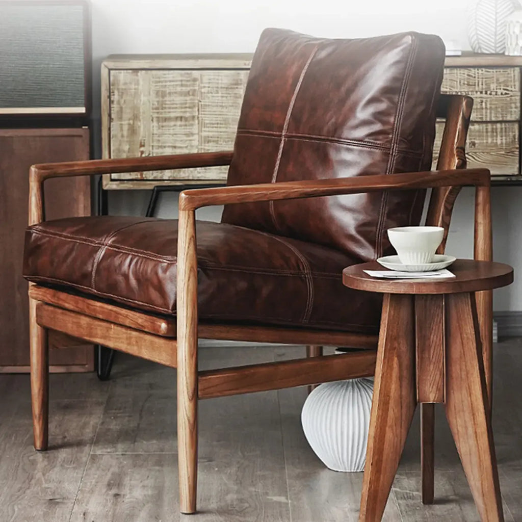 Leather Armchair with Wooden Armrest for Living Room