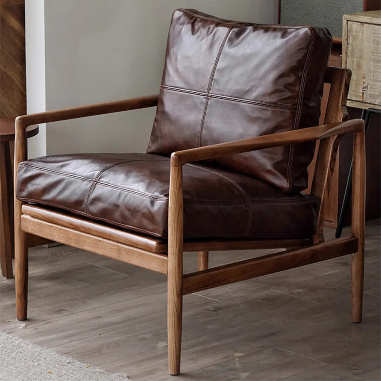 Leather Armchair with Wooden Armrest for Living Room