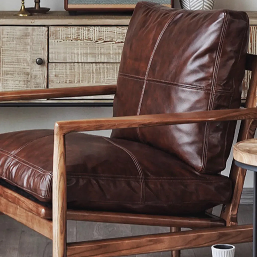 Leather Armchair with Wooden Armrest for Living Room