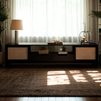 Bohemian White Wood Rattan Mesh TV Stand with Storage