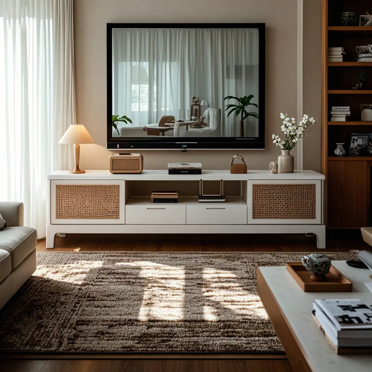 Bohemian White Wood Rattan Mesh TV Stand with Storage