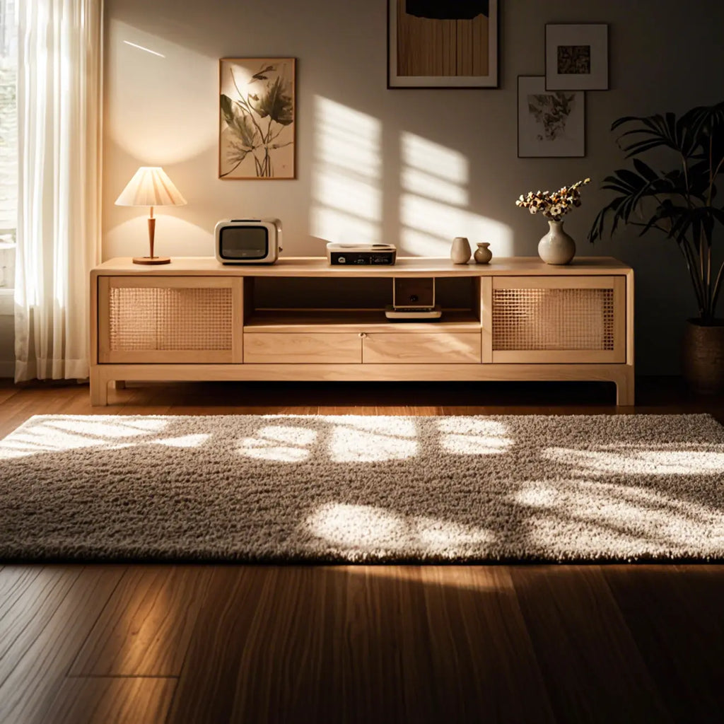 Bohemian White Wood Rattan Mesh TV Stand with Storage