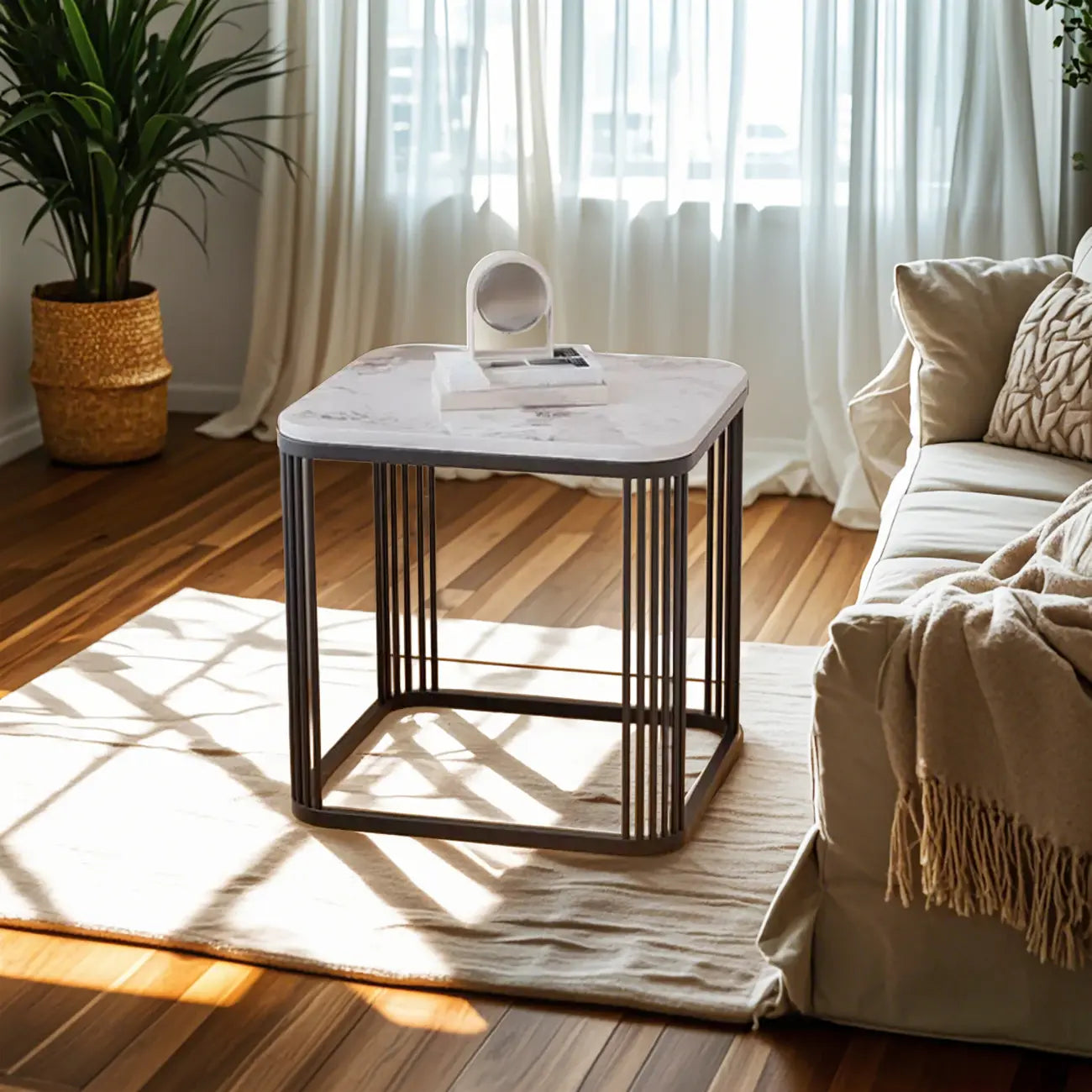 Glam Square Metal & Marble End Table for Living Room