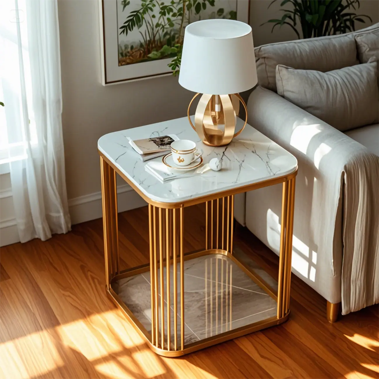 Glam Square Metal & Marble End Table for Living Room