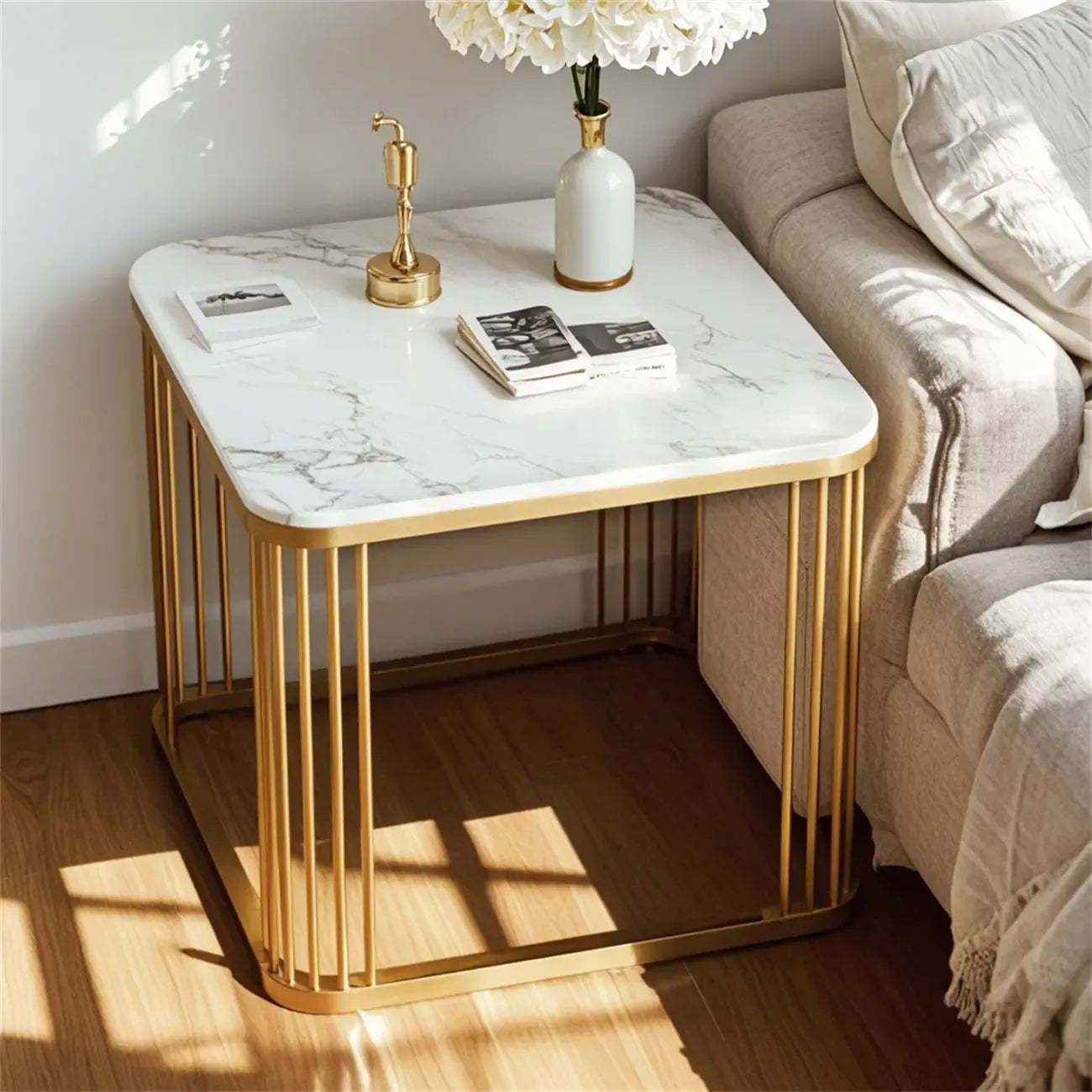 Glam Square Metal & Marble End Table for Living Room