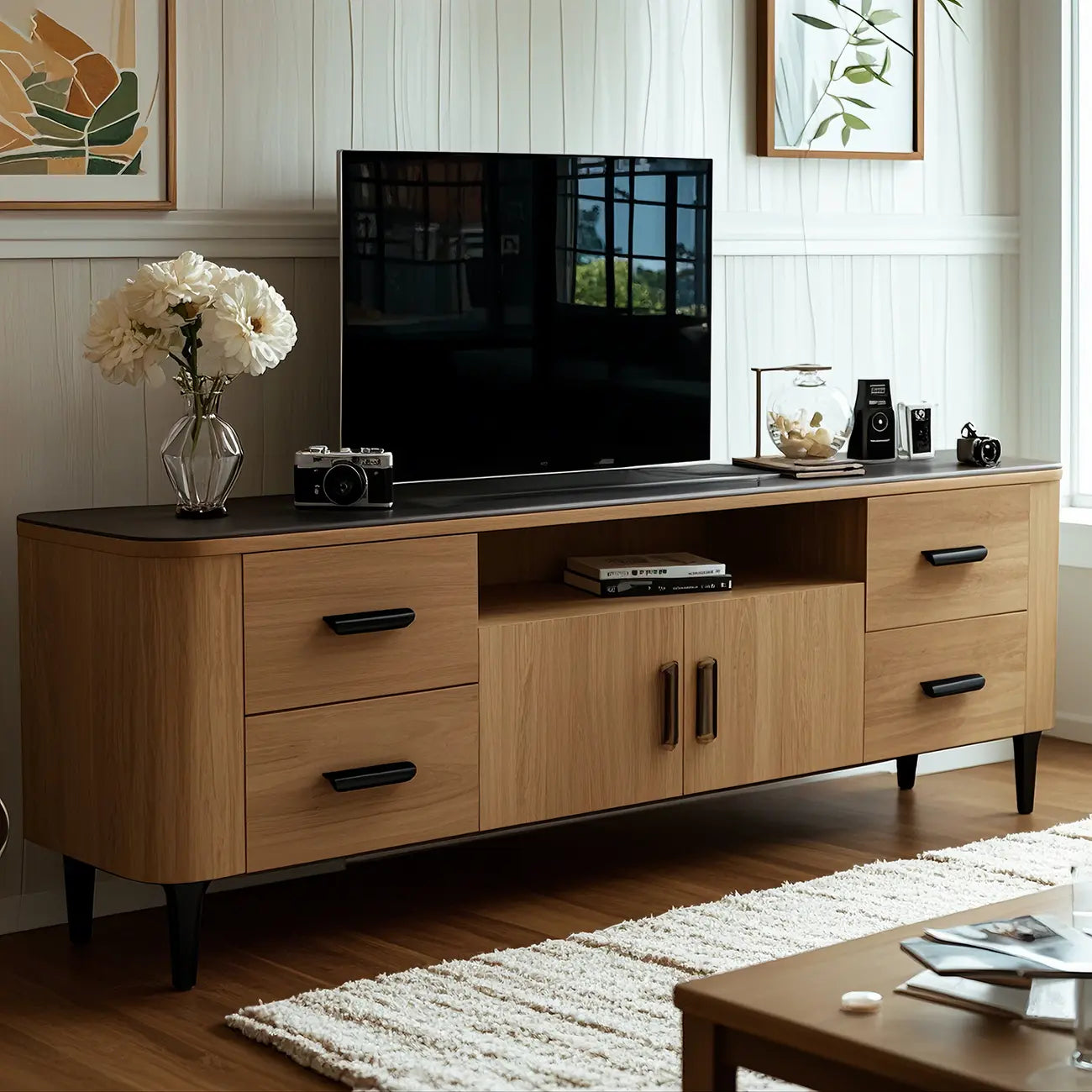 Brown Wood Media Shelf Cabinet TV Stand with Metal Legs