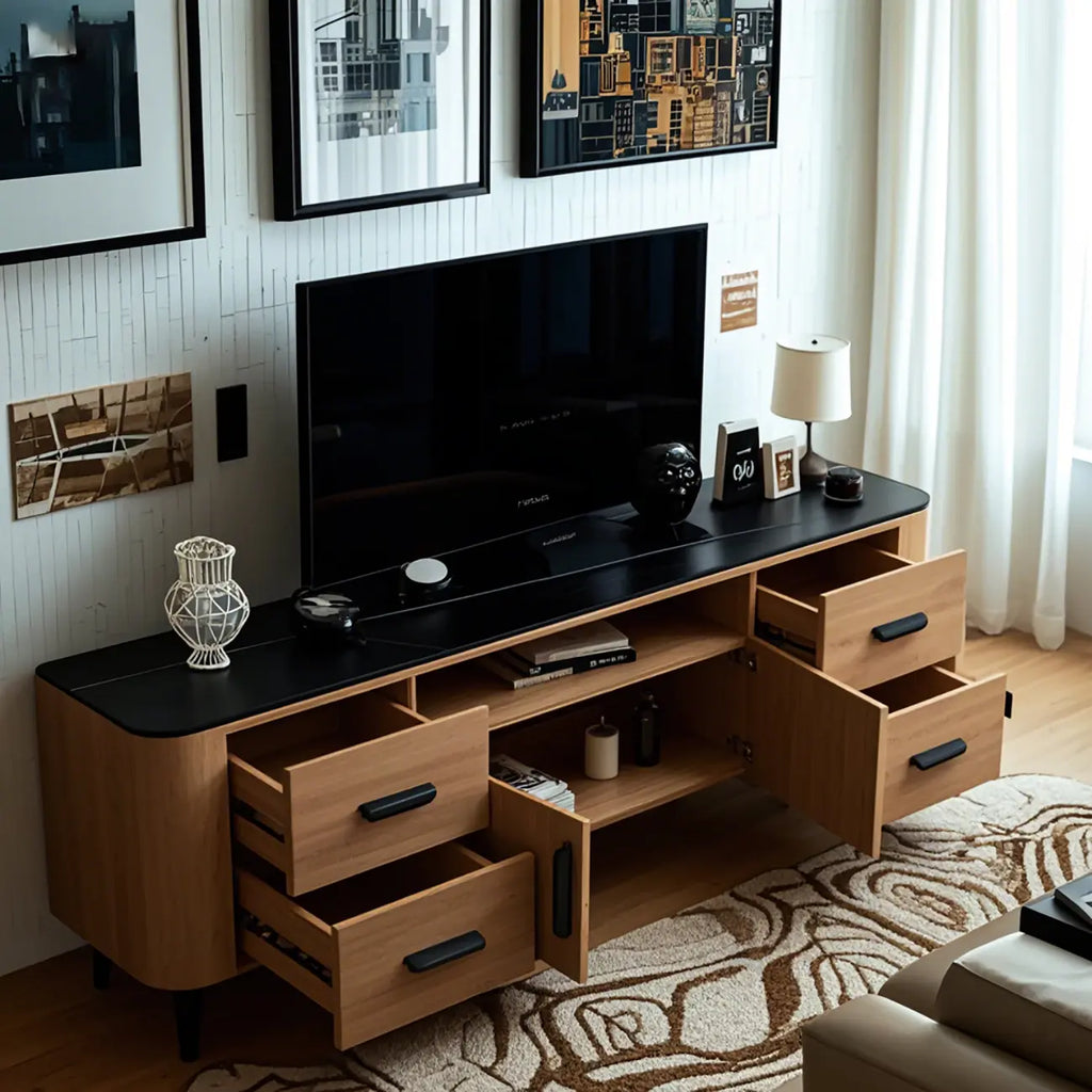 Brown Wood Media Shelf Cabinet TV Stand with Metal Legs