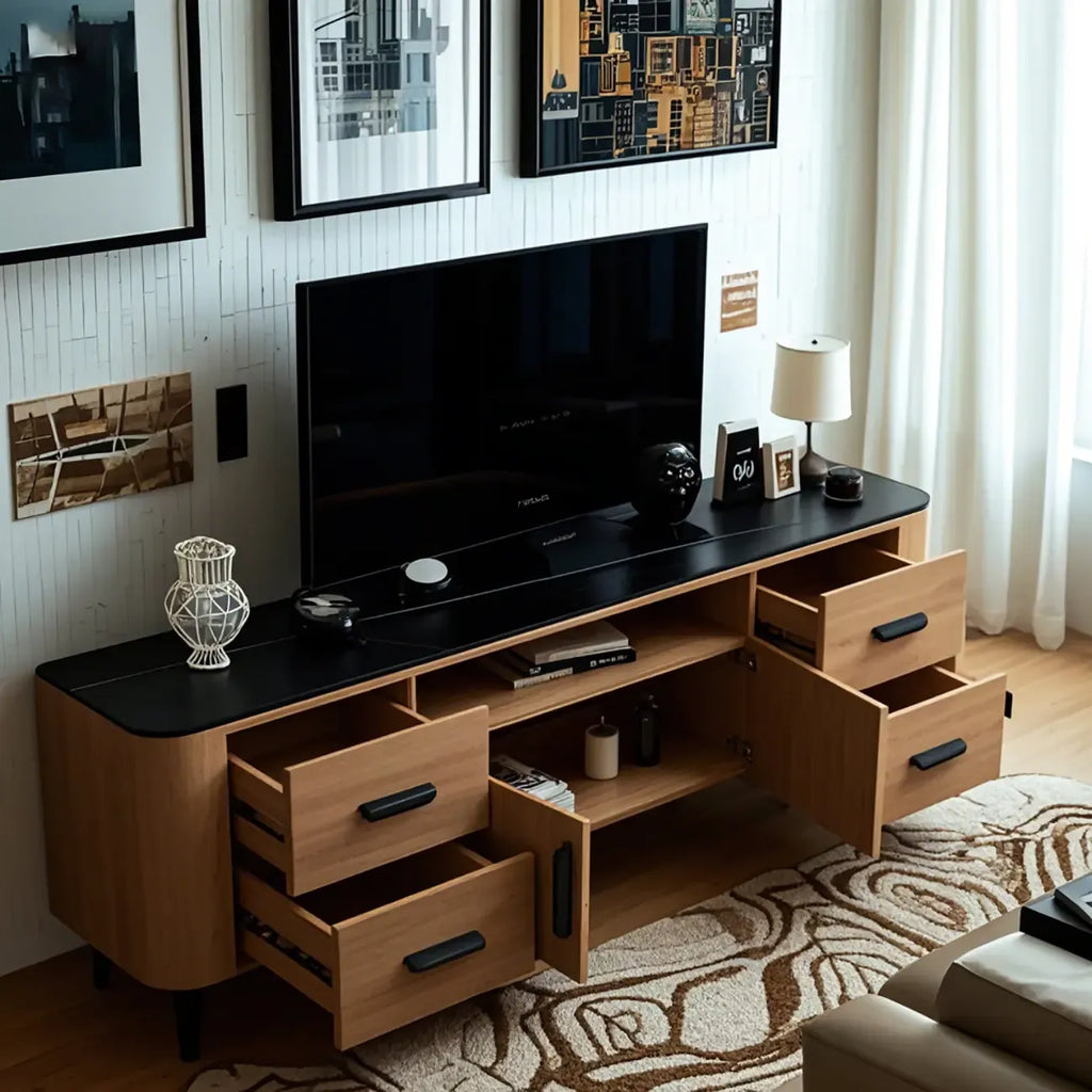 Brown Wood Media Shelf Cabinet TV Stand with Metal Legs