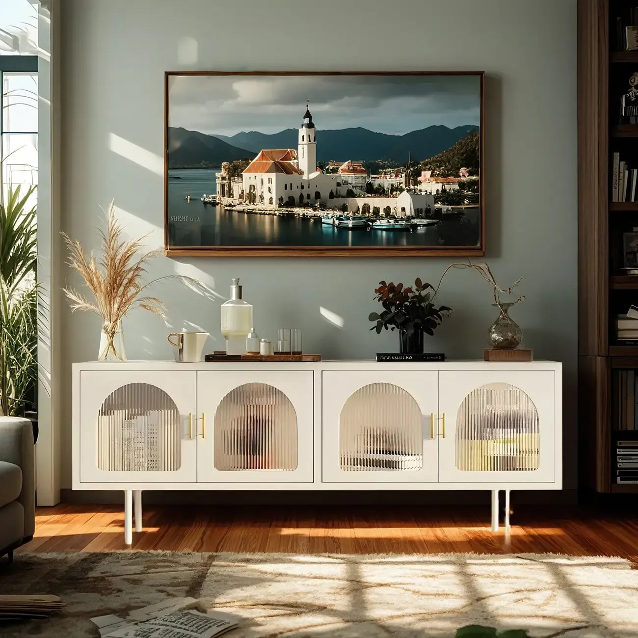 63 White Metal Arched Glass Door TV Stand with Cabinet