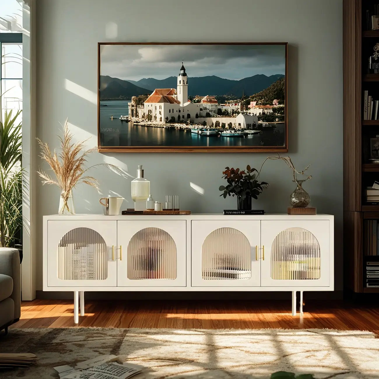 63 White Metal Arched Glass Door TV Stand with Cabinet