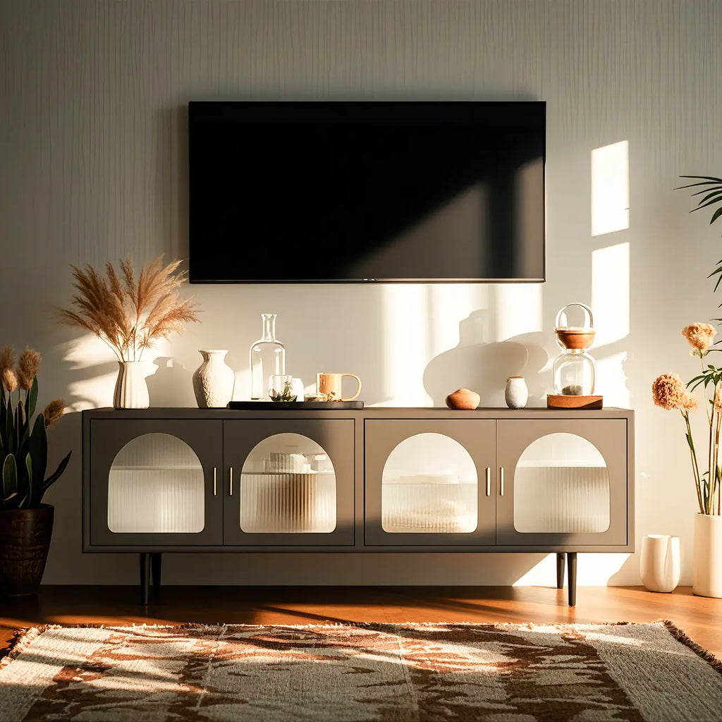 63 White Metal Arched Glass Door TV Stand with Cabinet