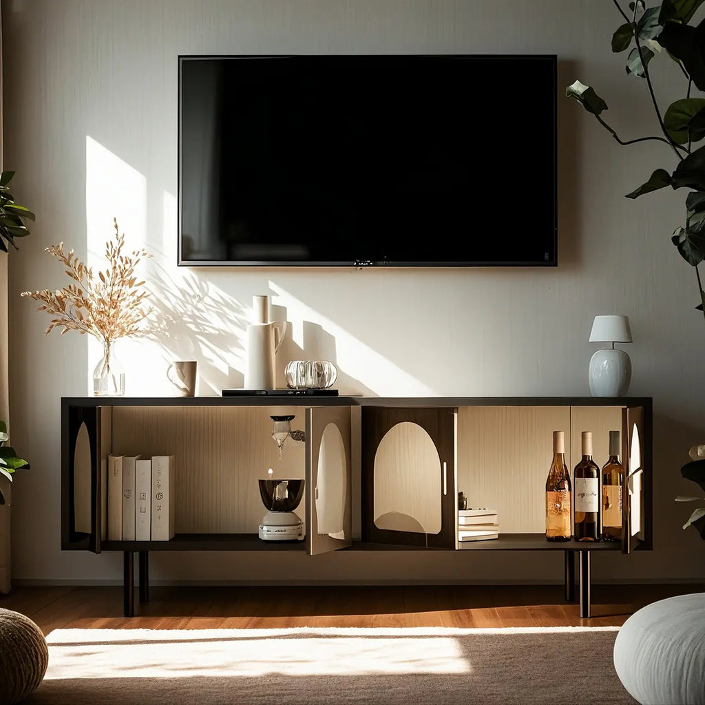 63 White Metal Arched Glass Door TV Stand with Cabinet