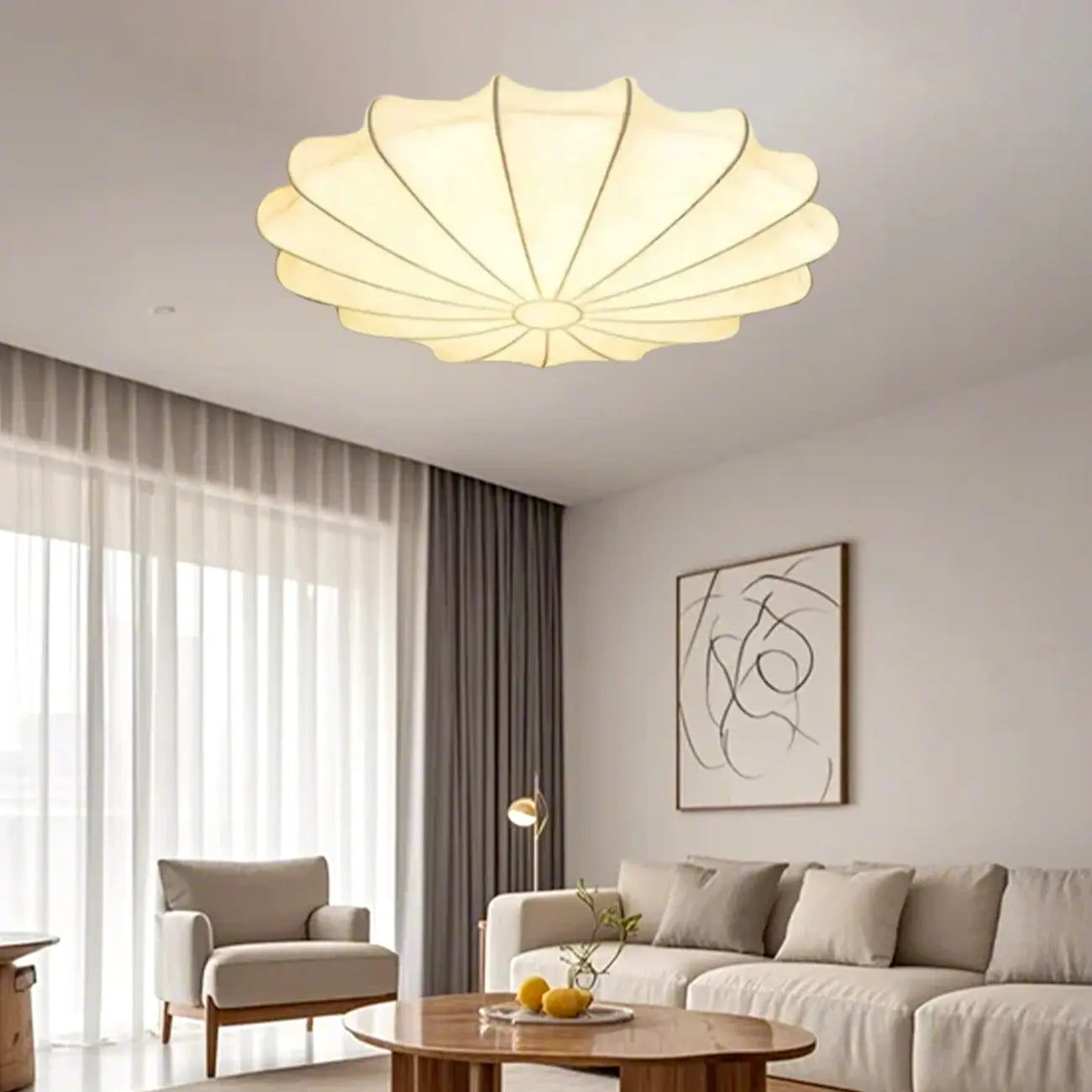 Floral Semi Flush Ceiling Light with Silk Shade for Living Room