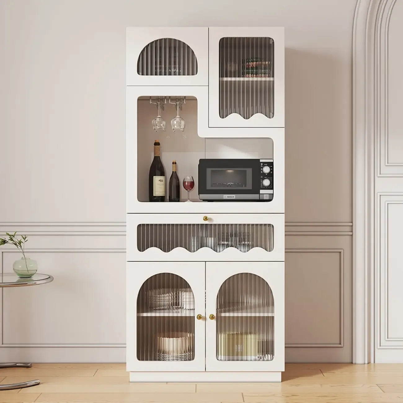 Tall White MDF Fluted Glass Doors Wine storage Sideboard