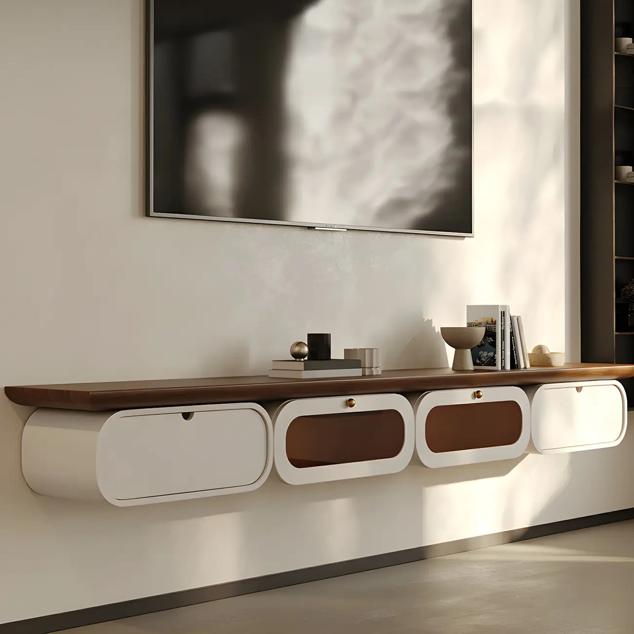 Brown Modern Wood Floating TV Stand with Storage Drawers