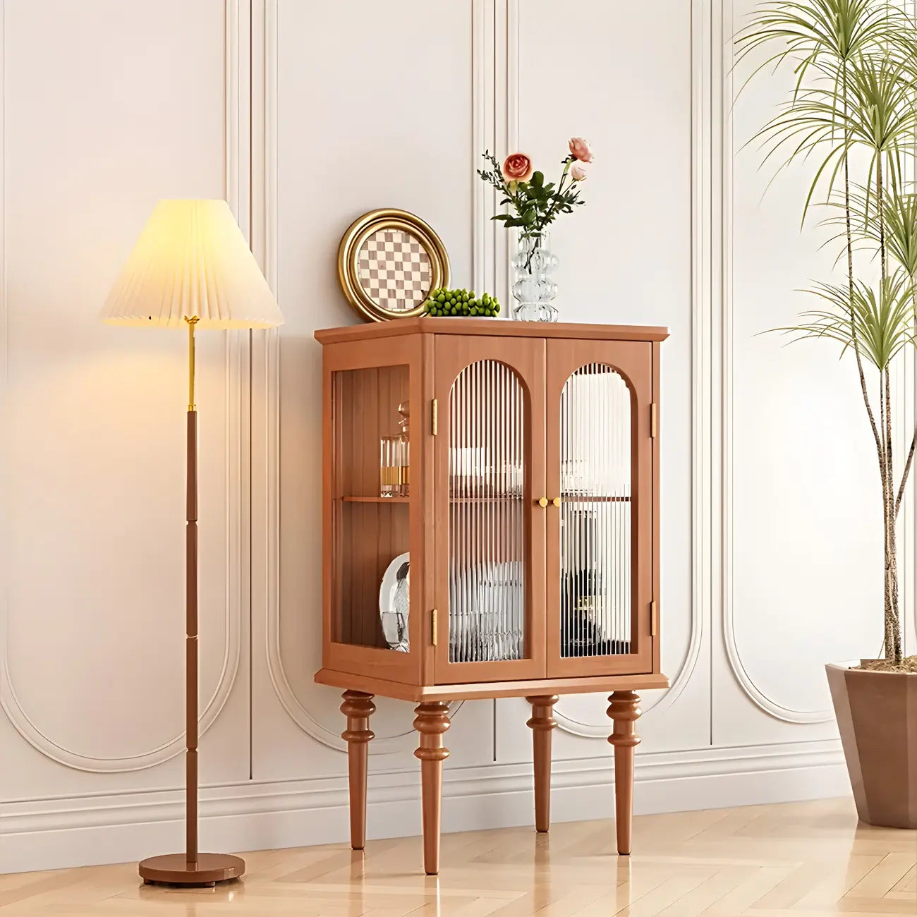 Classic Rubberwood Glass Living Room Storage Cabinet