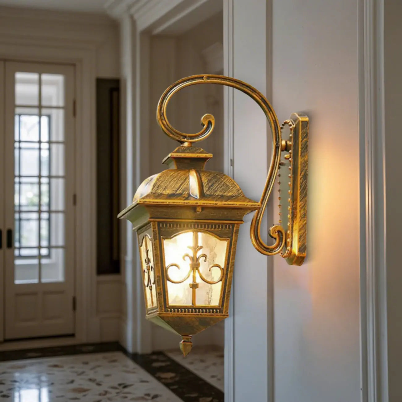 Vintage Bronze Lantern Wall Sconce with Curved Arm