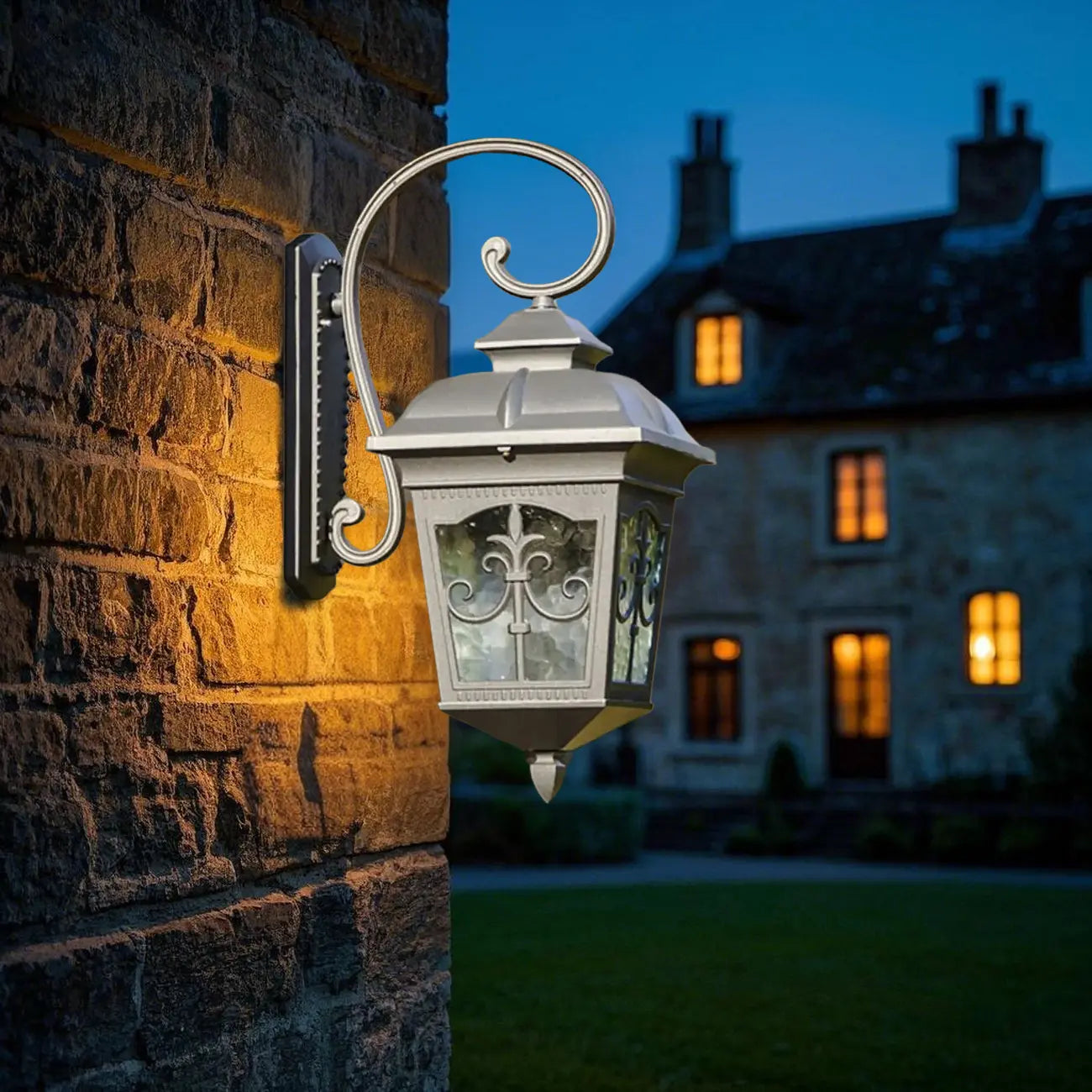 Vintage Bronze Lantern Wall Sconce with Curved Arm