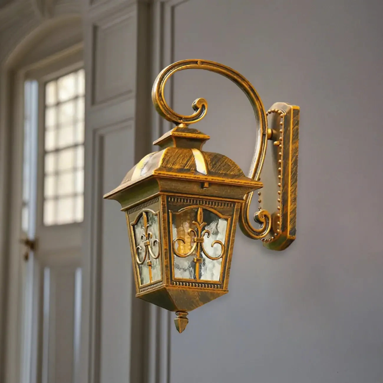 Vintage Bronze Lantern Wall Sconce with Curved Arm