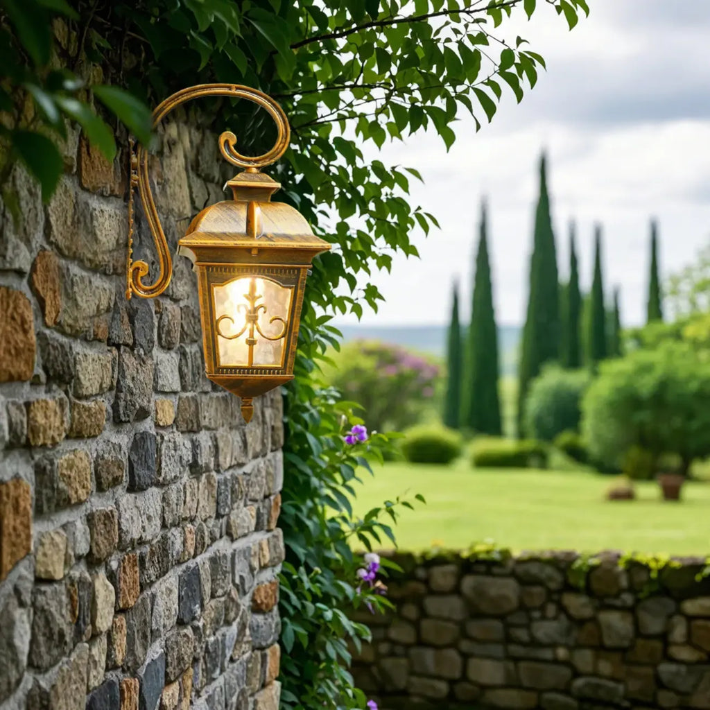 Vintage Bronze Lantern Wall Sconce with Curved Arm