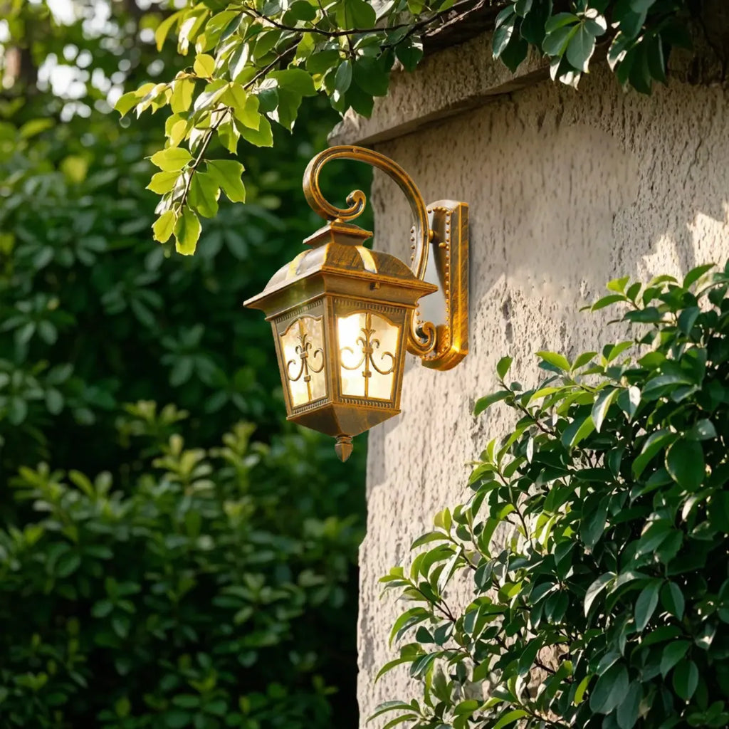 Vintage Bronze Lantern Wall Sconce with Curved Arm