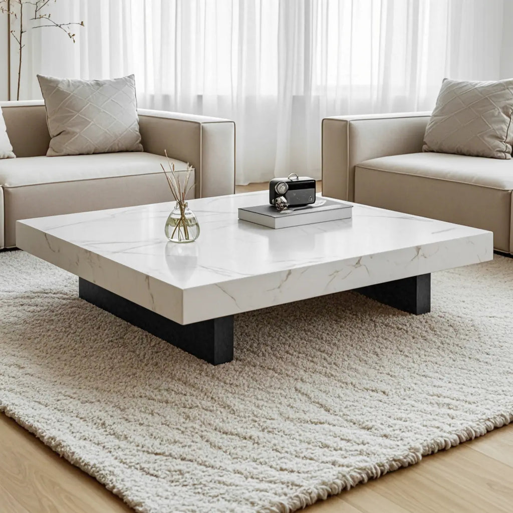 Modern Beige Sintered Stone Square Sleigh Base Coffee Table