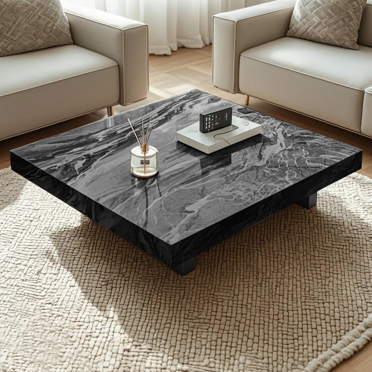 Modern Beige Sintered Stone Square Sleigh Base Coffee Table
