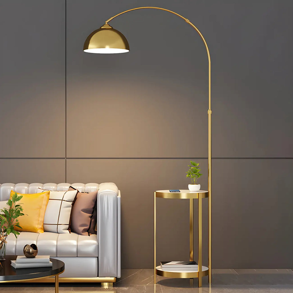 Modern Adjustable Height Metal Arc Floor Lamp with Storage Shelf