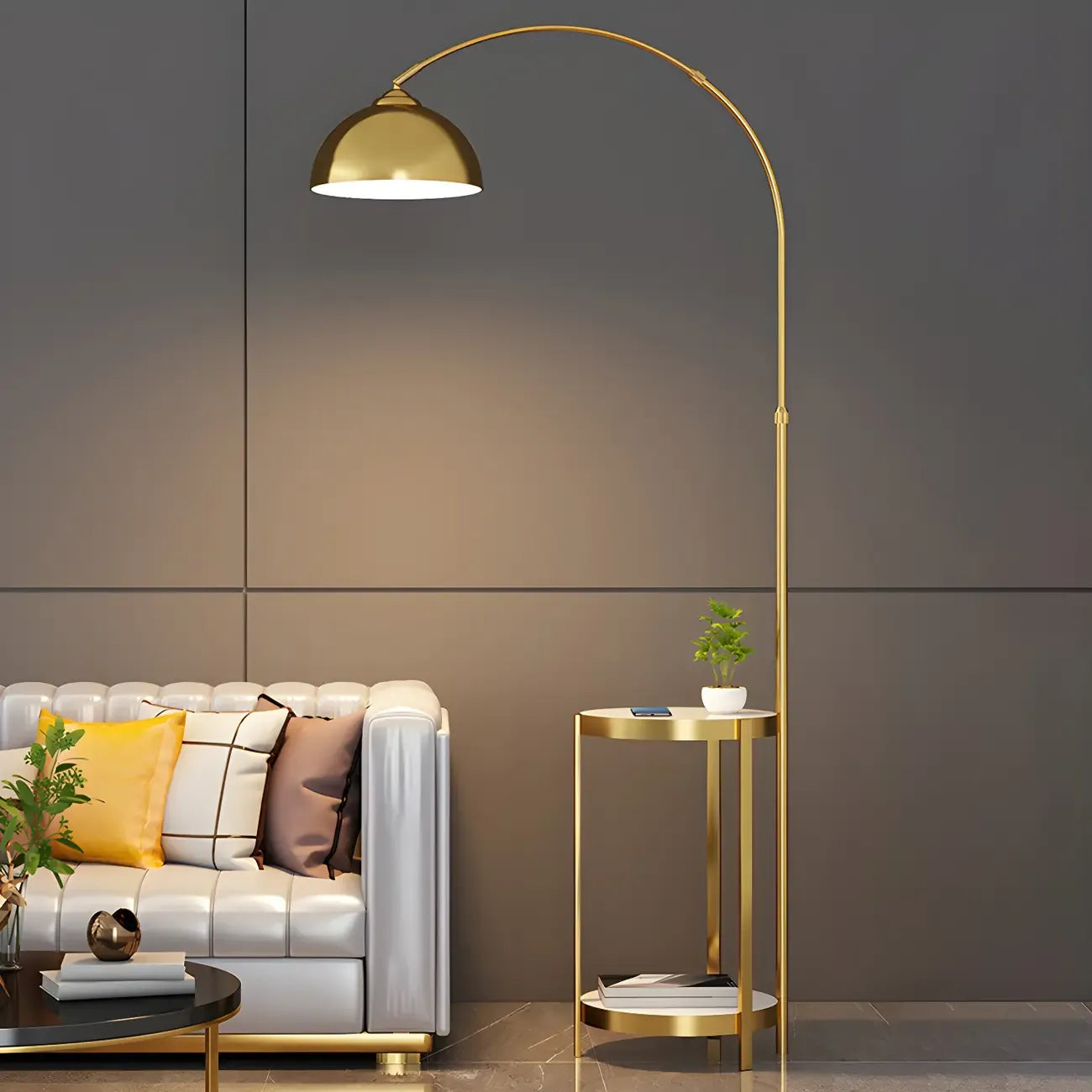 Modern Adjustable Height Metal Arc Floor Lamp with Storage Shelf