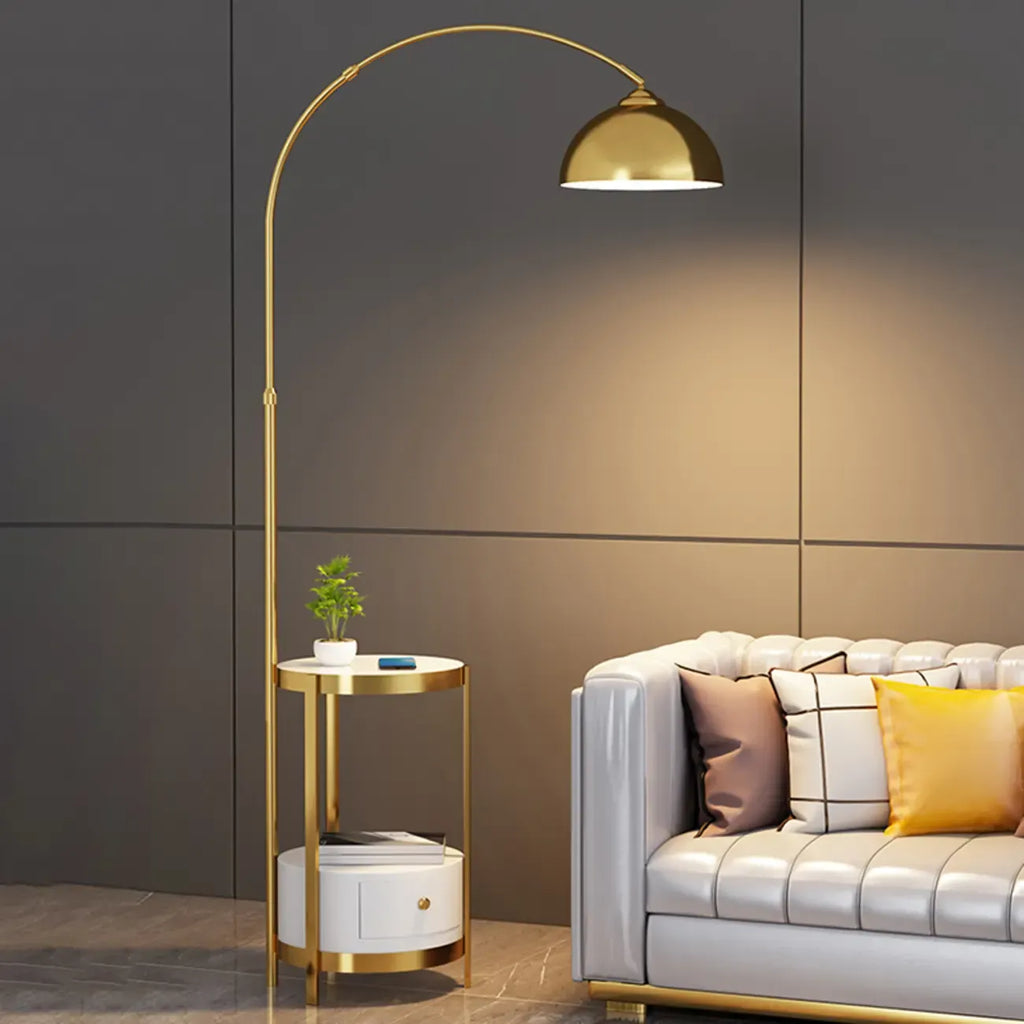 Modern Adjustable Height Metal Arc Floor Lamp with Storage Shelf