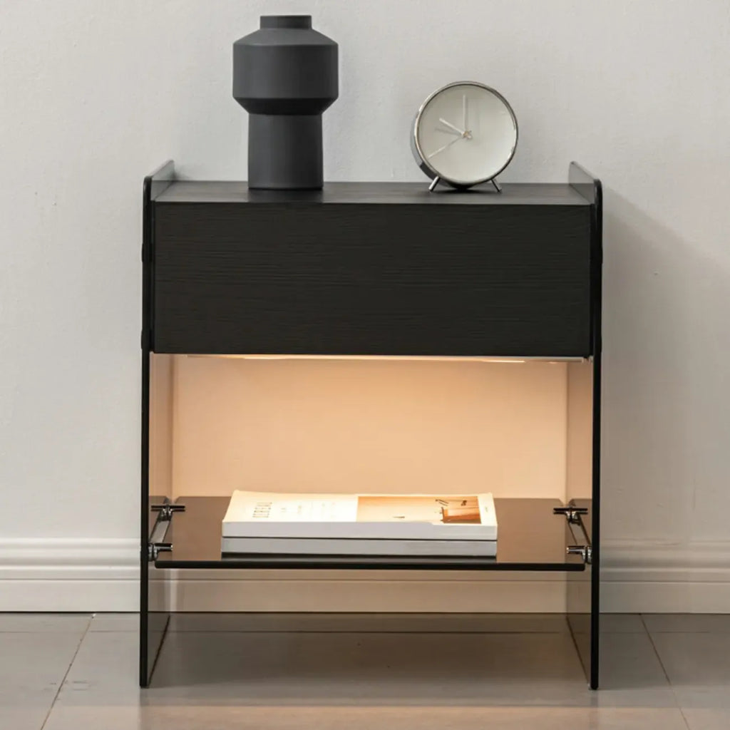 Black 2-Tier Glass Shelf Drawer Storage Narrow Nightstand