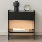 Black 2-Tier Glass Shelf Drawer Storage Narrow Nightstand