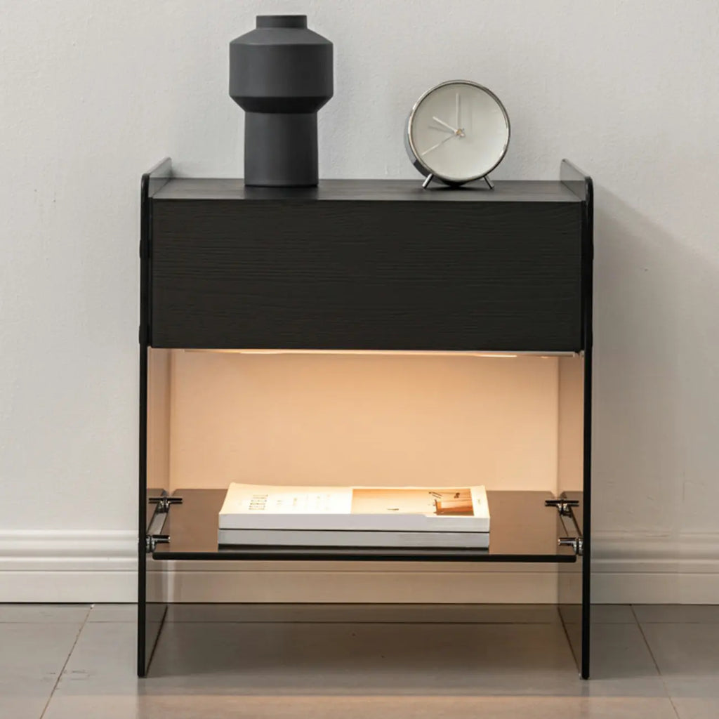 Black 2-Tier Glass Shelf Drawer Storage Narrow Nightstand