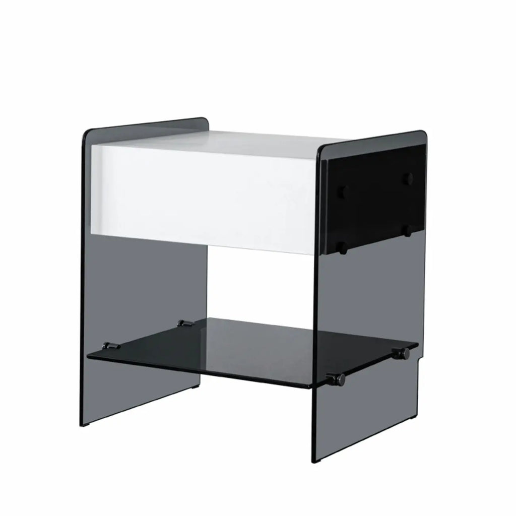 Black 2-Tier Glass Shelf Drawer Storage Narrow Nightstand