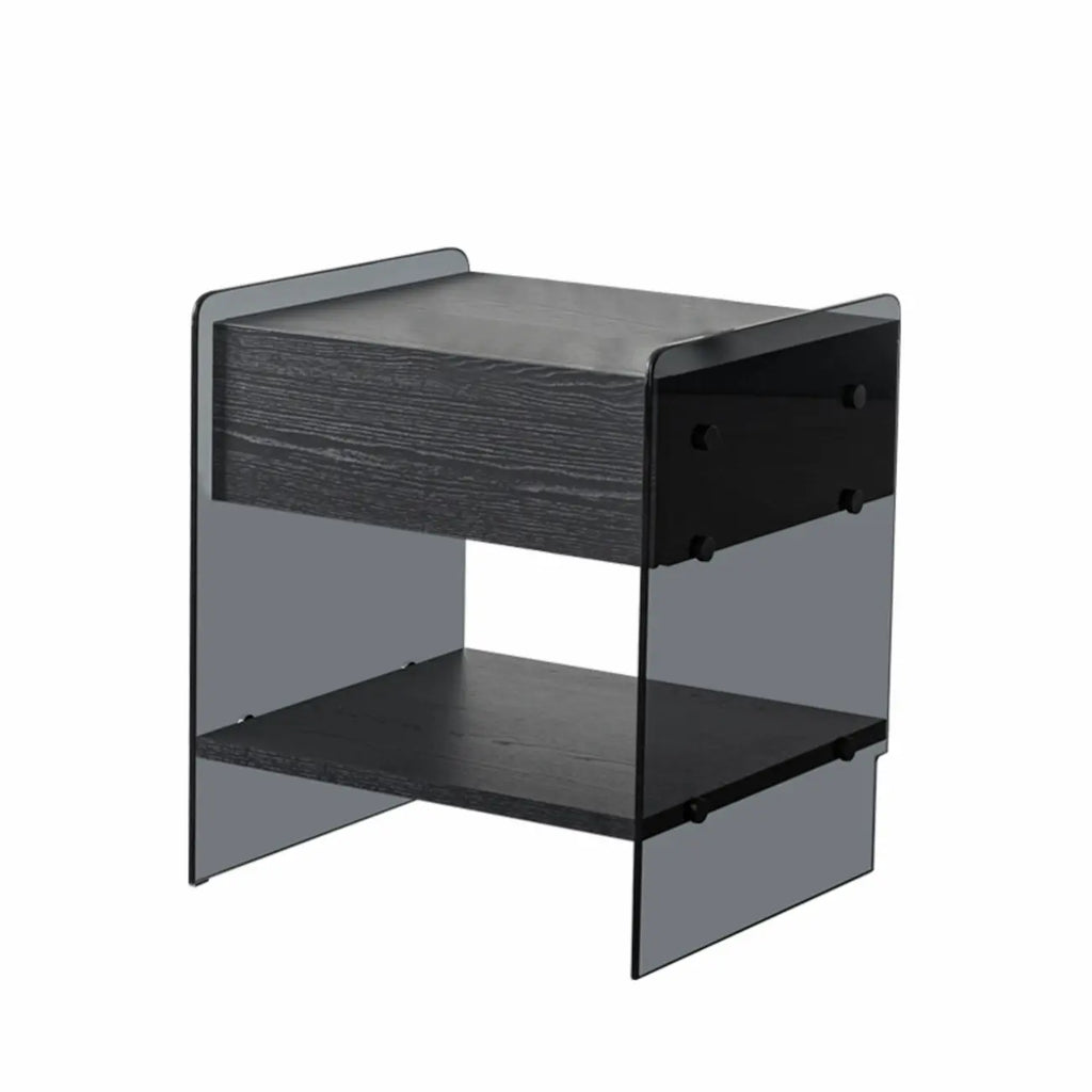 Black 2-Tier Glass Shelf Drawer Storage Narrow Nightstand