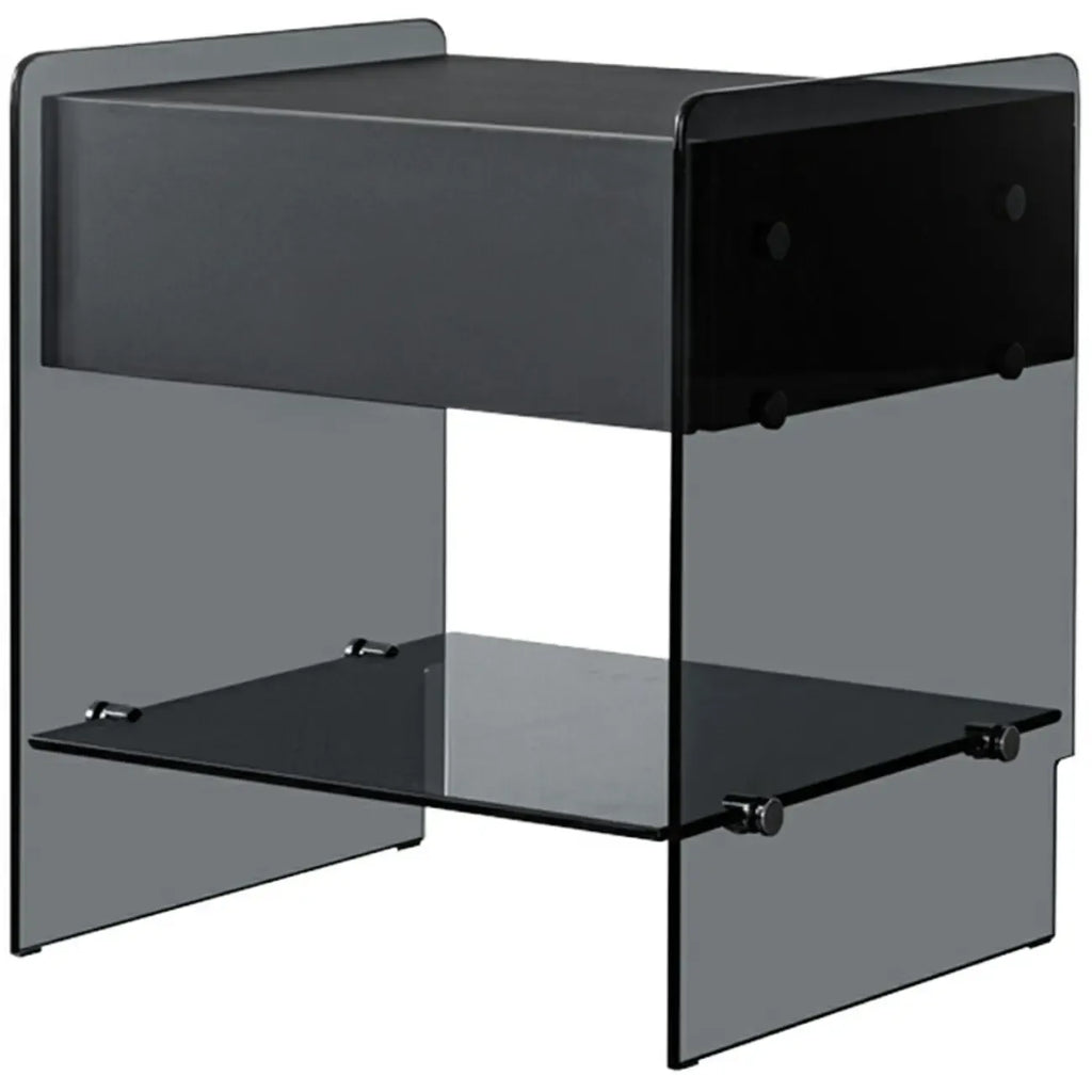 Black 2-Tier Glass Shelf Drawer Storage Narrow Nightstand