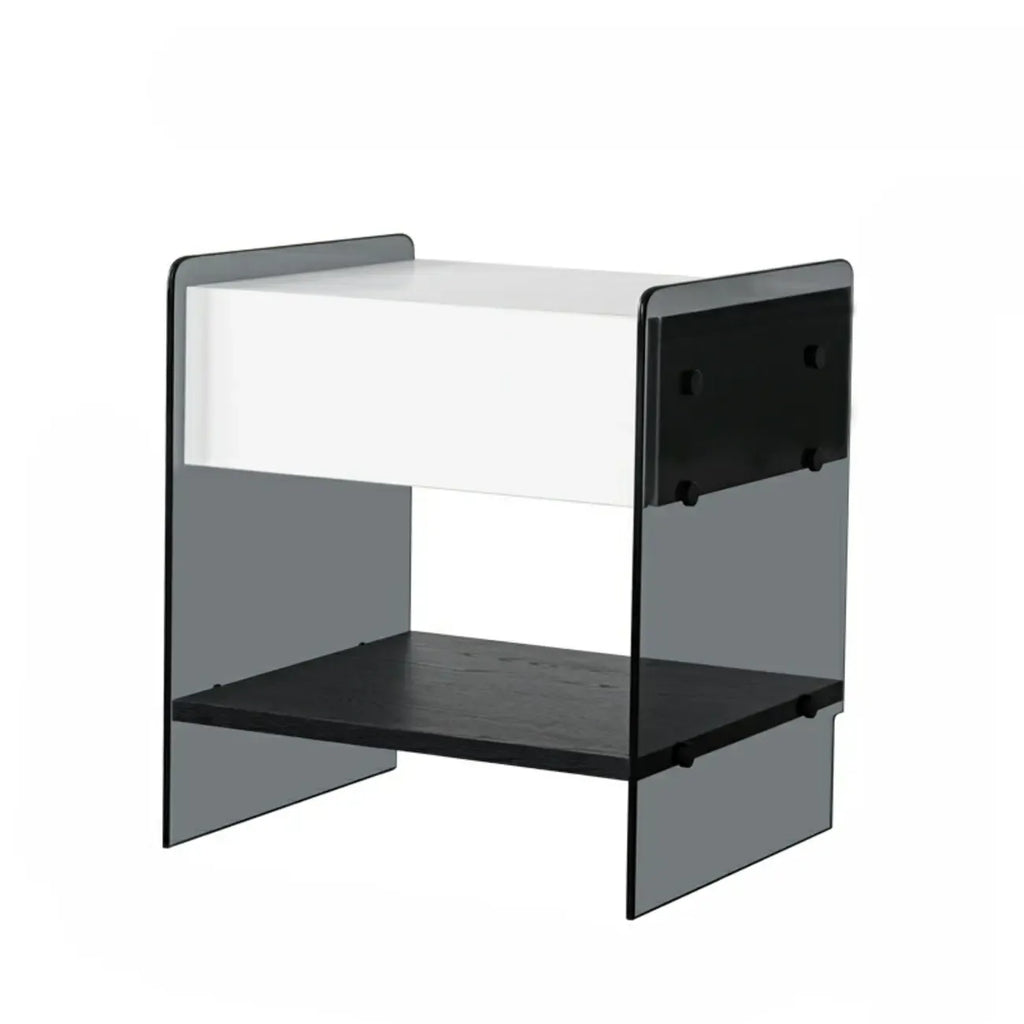 Black 2-Tier Glass Shelf Drawer Storage Narrow Nightstand