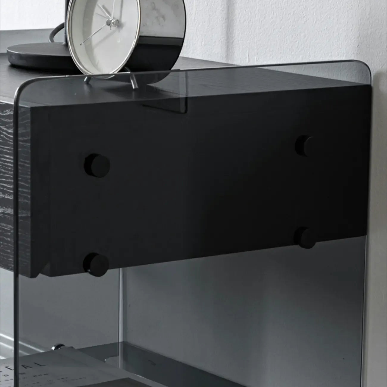 Black 2-Tier Glass Shelf Drawer Storage Narrow Nightstand