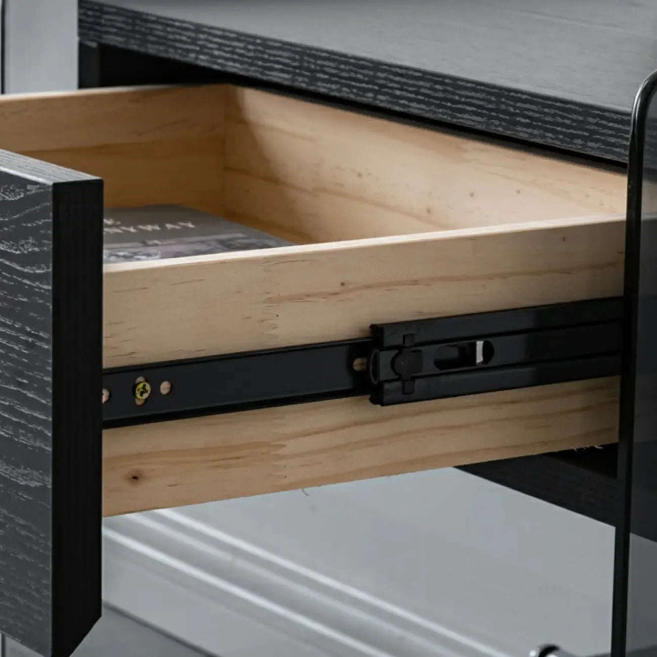 Black 2-Tier Glass Shelf Drawer Storage Narrow Nightstand