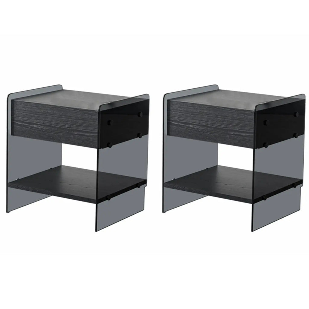 Black 2-Tier Glass Shelf Drawer Storage Narrow Nightstand