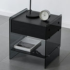 Black 2-Tier Glass Shelf Drawer Storage Narrow Nightstand