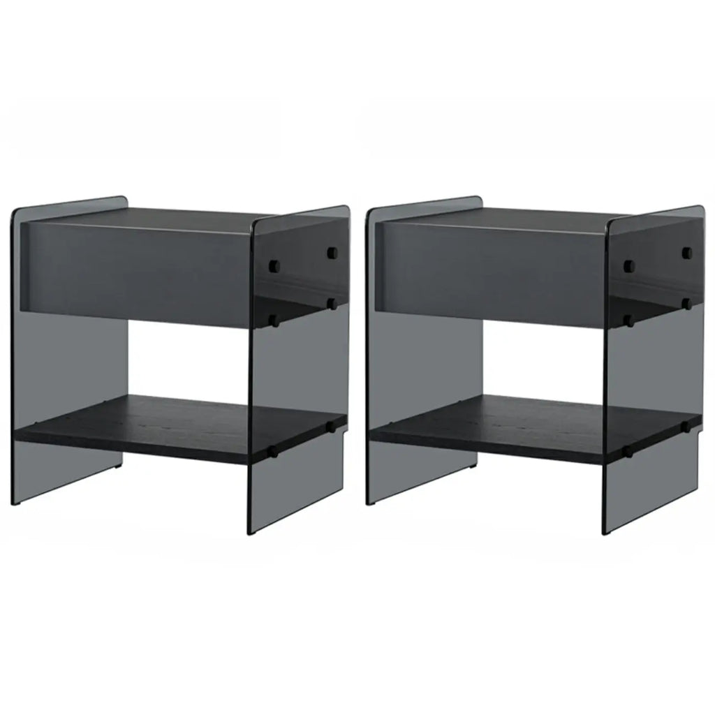 Black 2-Tier Glass Shelf Drawer Storage Narrow Nightstand